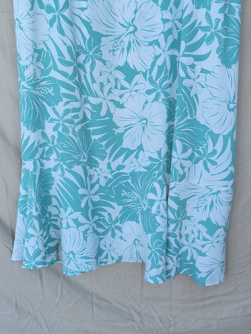 Casual Teal & White Floral Maxi Dress Muumuu Flounce Hem Vacation Resort Wear - Picture 7 of 10